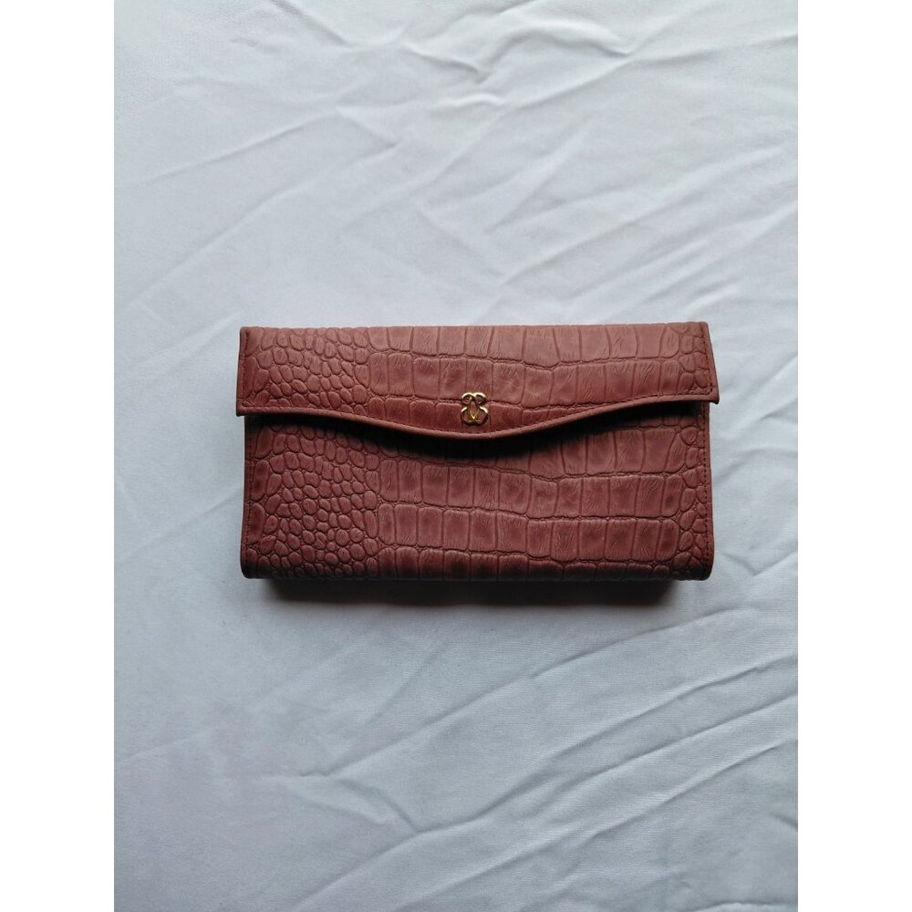 Vintage Buxton Checkbook Wallet Croc Embossed Organizer Flap Mauve Kisslock Coin
